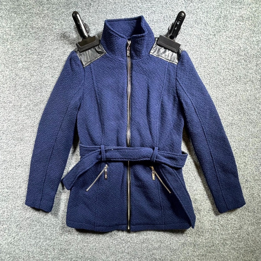 GUESS Cyrene Boucle Coat Women XS Navy Blue Full Zip Belted Winter Outerwear NWT